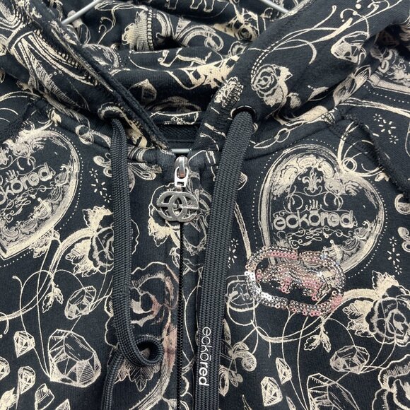 Y2K 90s Women's L Red by Marc Ecko Graphic Logo Hoodie Goth Emo Skull Rose AOP - Picture 5 of 15